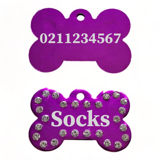⭐️Purr. Meow. Woof.⭐️ - Name Front & Number Back | Bling Bone Aluminum | Dog ID Pet Tag - Purple