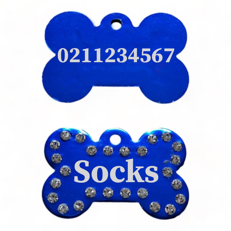 ⭐️Purr. Meow. Woof.⭐️ - Name Front & Number Back | Bling Bone Aluminum | Dog ID Pet Tag - RoyalBlue