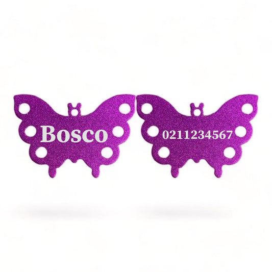 ⭐️Purr. Meow. Woof.⭐️ - Name Front & Number Back | Butterfly Aluminum | Dog ID Pet Tag - Purple