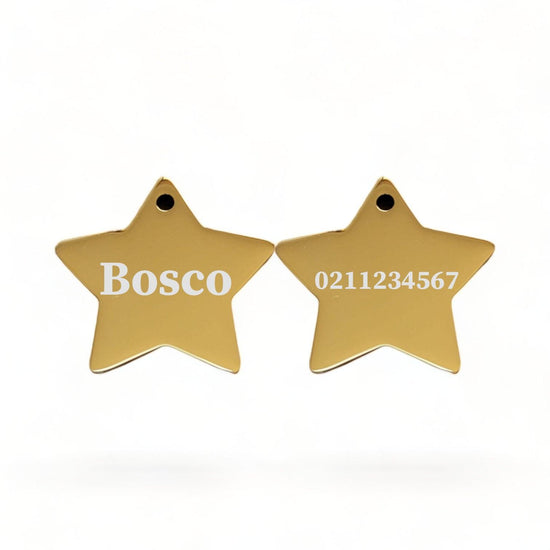 ⭐️Purr. Meow. Woof.⭐️ - Name Front & Number Back | Mirror Stainless | Star Dog & Cat ID Pet Tag - Gold / Dog (Large)