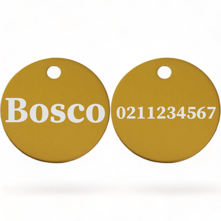 ⭐️Purr. Meow. Woof.⭐️ - Name Front & Number Back | Round Aluminium | Cat, Kitten & Dog ID Pet Tag - Gold / Dog (Large)