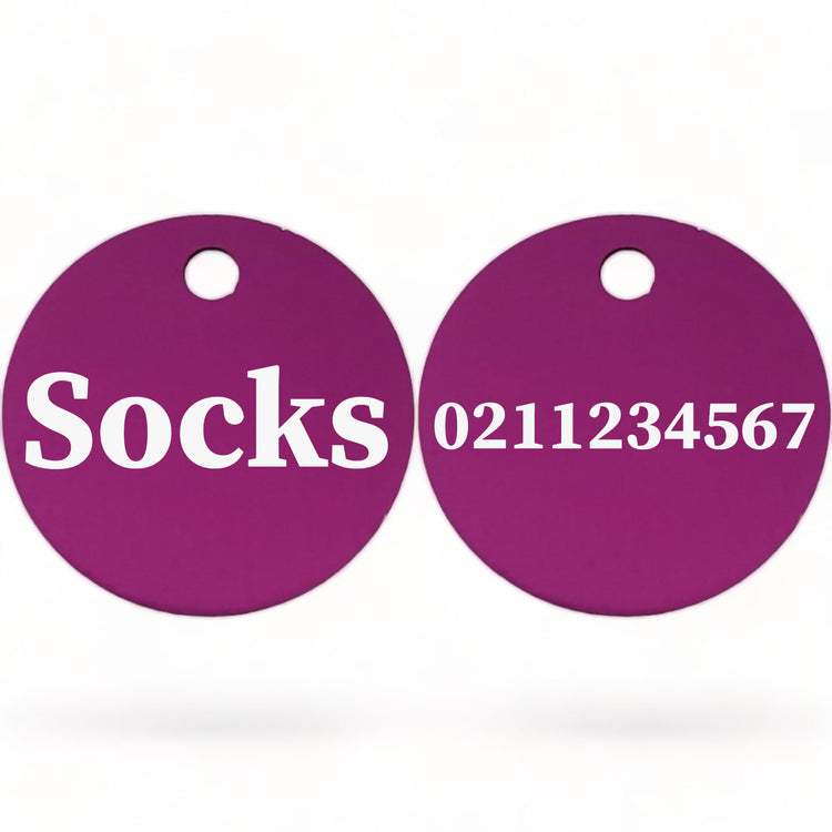 ⭐️Purr. Meow. Woof.⭐️ - Name Front & Number Back | Round Aluminium | Cat, Kitten & Dog ID Pet Tag - Purple / Cat (Small)