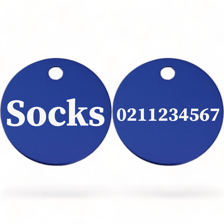 ⭐️Purr. Meow. Woof.⭐️ - Name Front & Number Back | Round Aluminium | Cat, Kitten & Dog ID Pet Tag - RoyalBlue / Cat (Small)