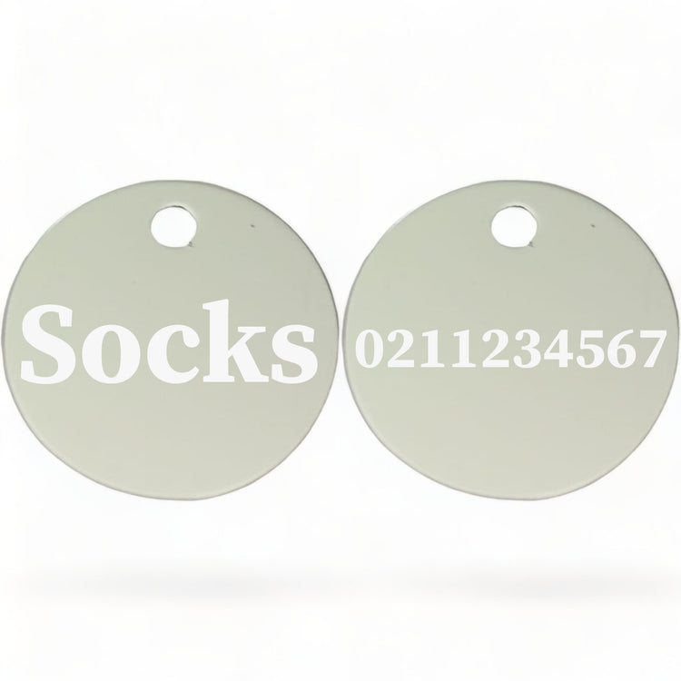 ⭐️Purr. Meow. Woof.⭐️ - Name Front & Number Back | Round Aluminium | Cat, Kitten & Dog ID Pet Tag - Silver / Cat (Small)