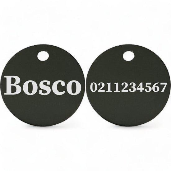 ⭐️Purr. Meow. Woof.⭐️ - Name Front & Number Back | Round Aluminium | Dog ID Pet Tag - Black