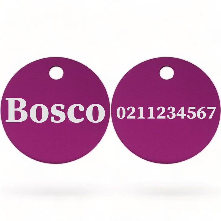 ⭐️Purr. Meow. Woof.⭐️ - Name Front & Number Back | Round Aluminium | Dog ID Pet Tag - Purple