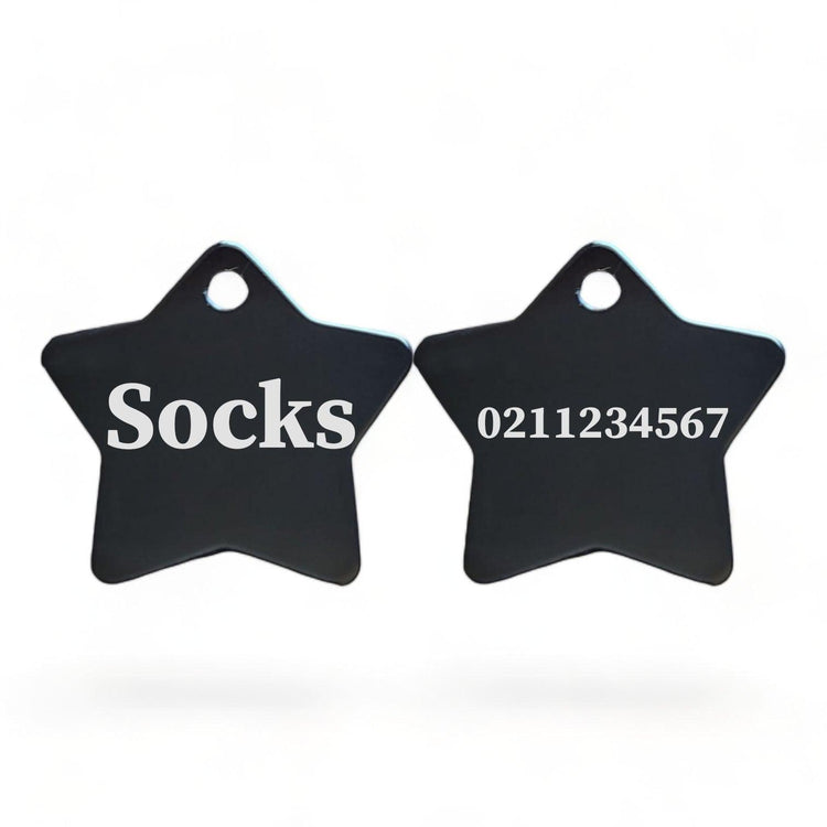 ⭐️Purr. Meow. Woof.⭐️ - Name Front & Number Back | Star Aluminum | Cat, Kitten & Dog ID Pet Tag - Black / Small (Cat)