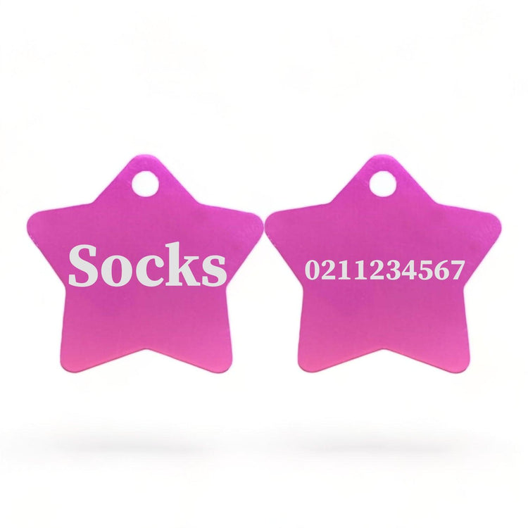 ⭐️Purr. Meow. Woof.⭐️ - Name Front & Number Back | Star Aluminum | Cat, Kitten & Dog ID Pet Tag - DeepPink / Small (Cat)