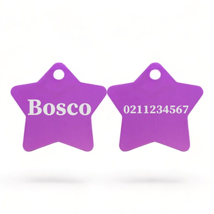 ⭐️Purr. Meow. Woof.⭐️ - Name Front & Number Back | Star Aluminum | Cat, Kitten & Dog ID Pet Tag - Purple / Dog (Large)