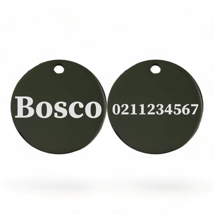 ⭐️Purr. Meow. Woof.⭐️ - Name Front & Number Back Round | Mirror Stainless | Dog ID Pet Tag - Black
