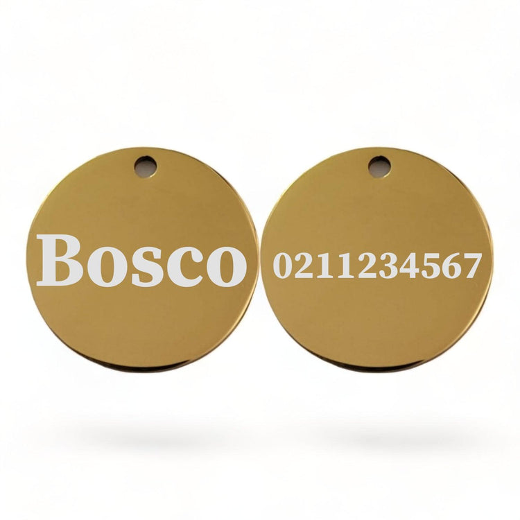 ⭐️Purr. Meow. Woof.⭐️ - Name Front & Number Back Round | Mirror Stainless | Dog ID Pet Tag - Gold