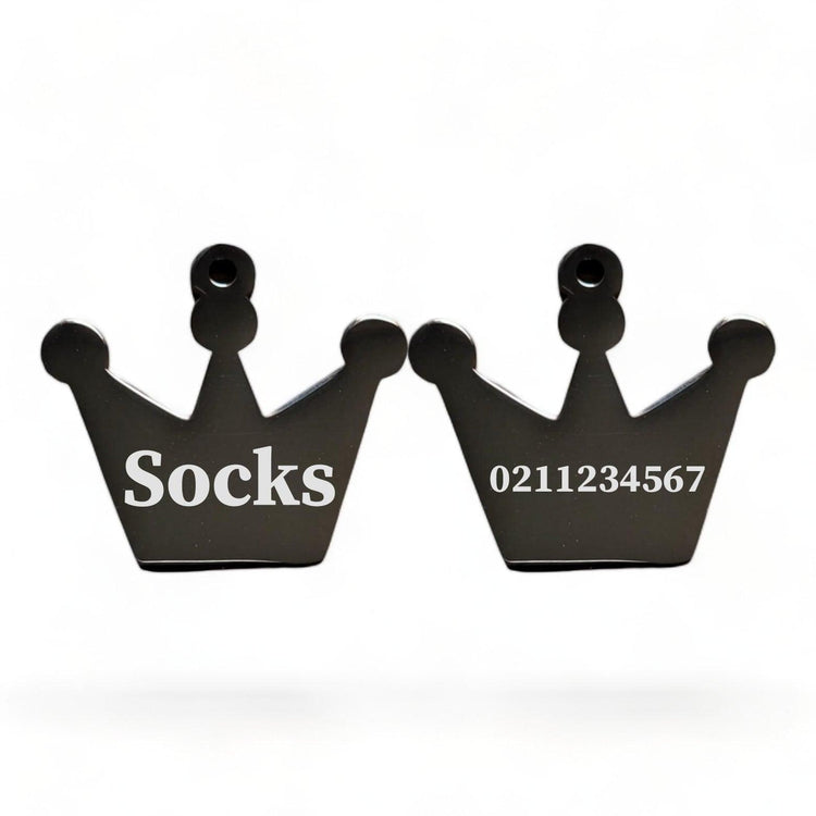 ⭐️Purr. Meow. Woof.⭐️ - Name Front & Number Back Royal Crown | Mirror Stainless | Cat & Dog ID Pet Tag - Black