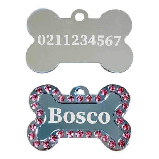 ⭐️Purr. Meow. Woof.⭐️ - Name Front & Number Back Sparkly Bone Dog ID Pet Tag - LightPink