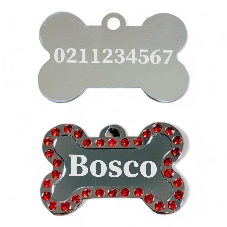 ⭐️Purr. Meow. Woof.⭐️ - Name Front & Number Back Sparkly Bone Dog ID Pet Tag - Red