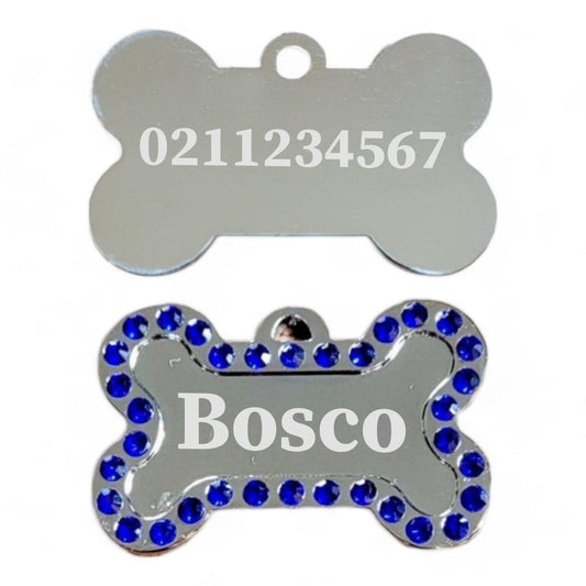 ⭐️Purr. Meow. Woof.⭐️ - Name Front & Number Back Sparkly Bone Dog ID Pet Tag - RoyalBlue