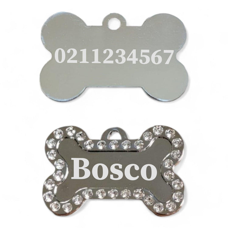 ⭐️Purr. Meow. Woof.⭐️ - Name Front & Number Back Sparkly Bone Dog ID Pet Tag - White
