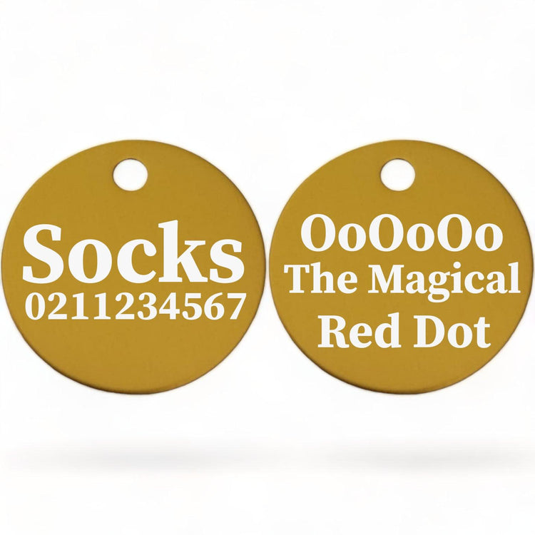 ⭐️Purr. Meow. Woof.⭐️ - Ooooo The Magical Red Dot! | Round Aluminium | Cat & Kitten ID Pet Tag - Gold