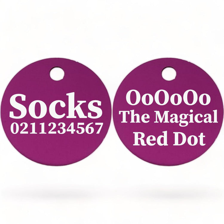 ⭐️Purr. Meow. Woof.⭐️ - Ooooo The Magical Red Dot! | Round Aluminium | Cat & Kitten ID Pet Tag - Purple