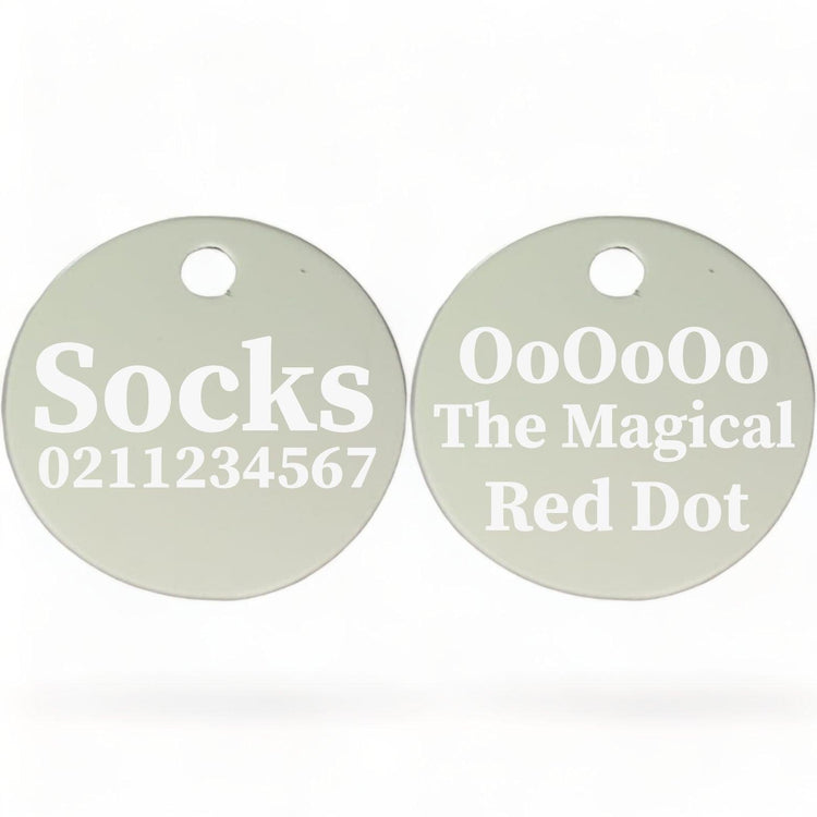 ⭐️Purr. Meow. Woof.⭐️ - Ooooo The Magical Red Dot! | Round Aluminium | Cat & Kitten ID Pet Tag - Silver