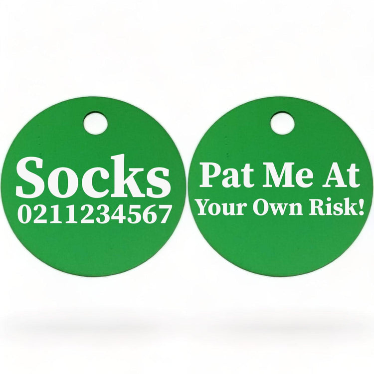 ⭐️Purr. Meow. Woof.⭐️ - Pat Me At Your Own Risk! | Round Aluminium | Cat & Kitten ID Pet Tag - MediumSpringGreen