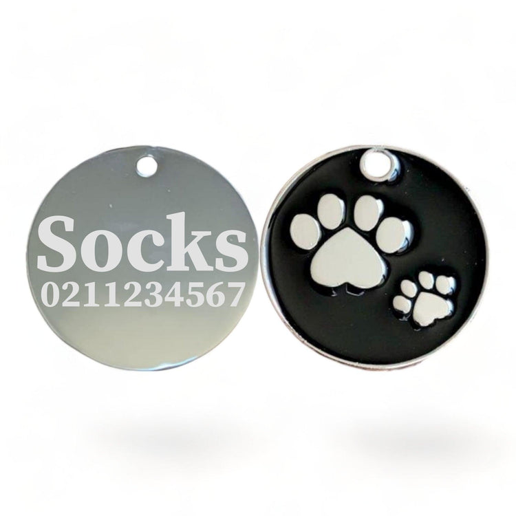 ⭐️Purr. Meow. Woof.⭐️ - Paw Print Round Cat & Dog ID Pet Tag - Black