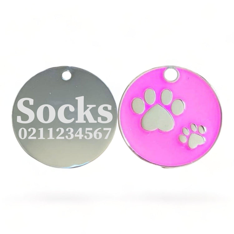⭐️Purr. Meow. Woof.⭐️ - Paw Print Round Cat & Dog ID Pet Tag - DeepPink