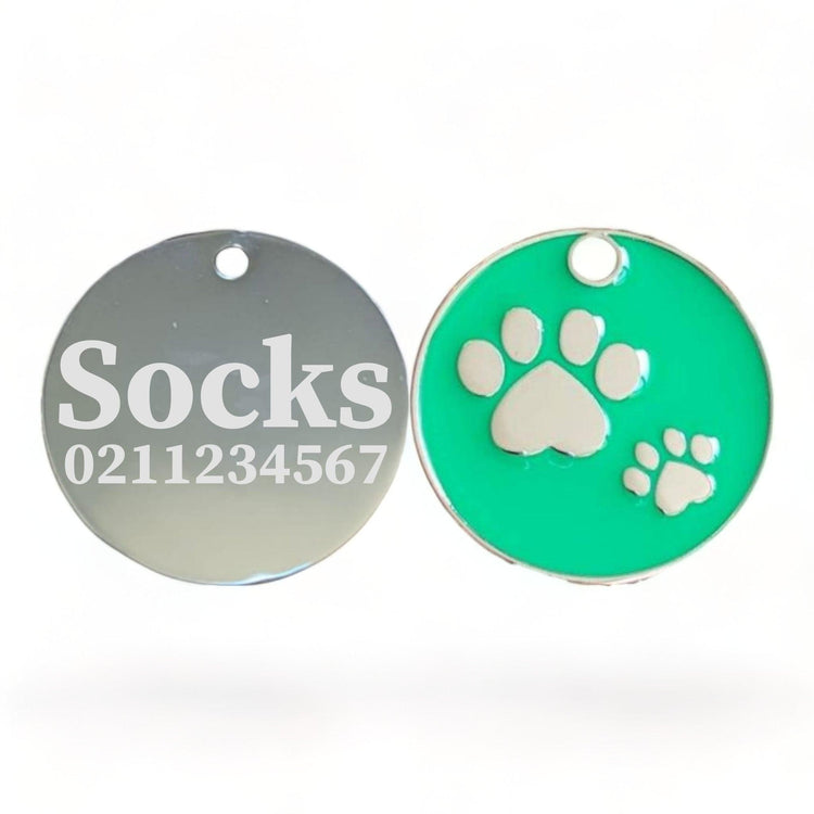 ⭐️Purr. Meow. Woof.⭐️ - Paw Print Round Cat & Dog ID Pet Tag - Green