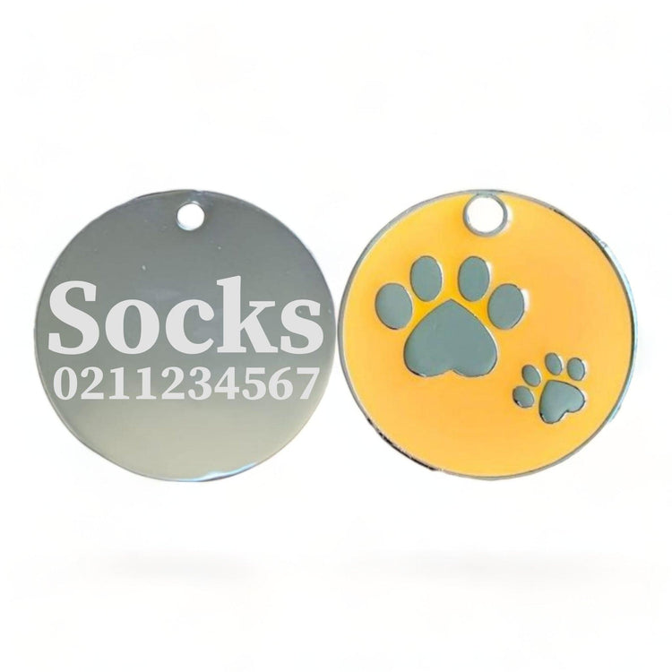⭐️Purr. Meow. Woof.⭐️ - Paw Print Round Cat & Dog ID Pet Tag - Orange