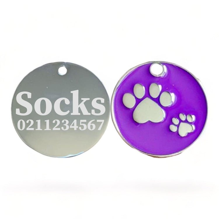 ⭐️Purr. Meow. Woof.⭐️ - Paw Print Round Cat & Dog ID Pet Tag - Purple