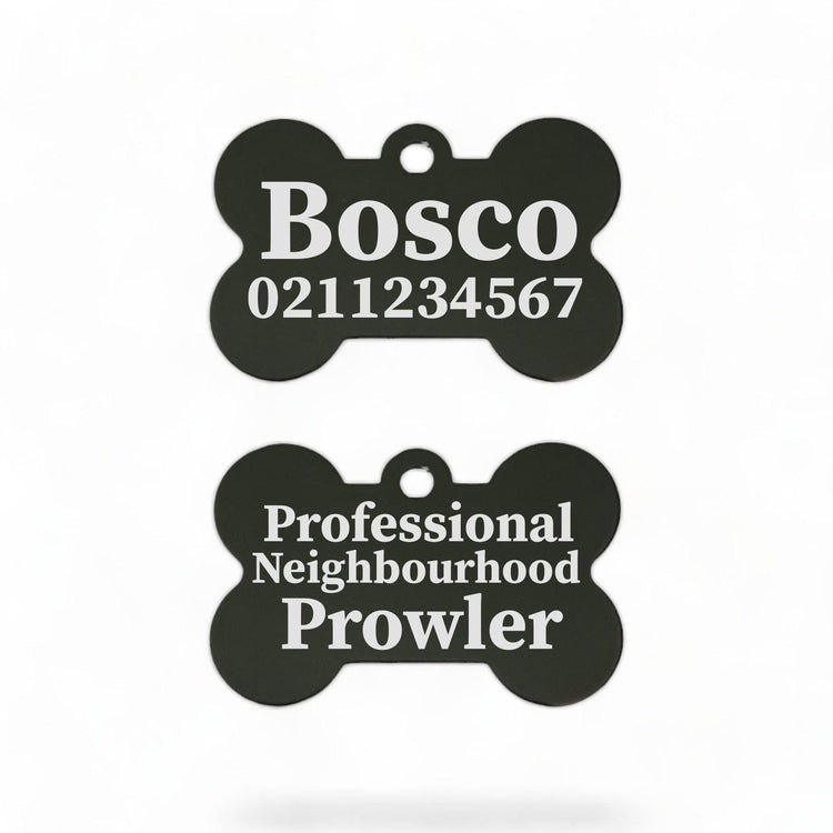 ⭐️Purr. Meow. Woof.⭐️ - Professional Neighbourhood Prowler | Bone Aluminium | Dog ID Pet Tag - Black