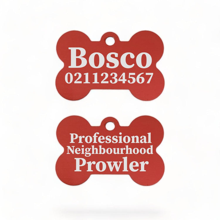 ⭐️Purr. Meow. Woof.⭐️ - Professional Neighbourhood Prowler | Bone Aluminium | Dog ID Pet Tag - FireBrick