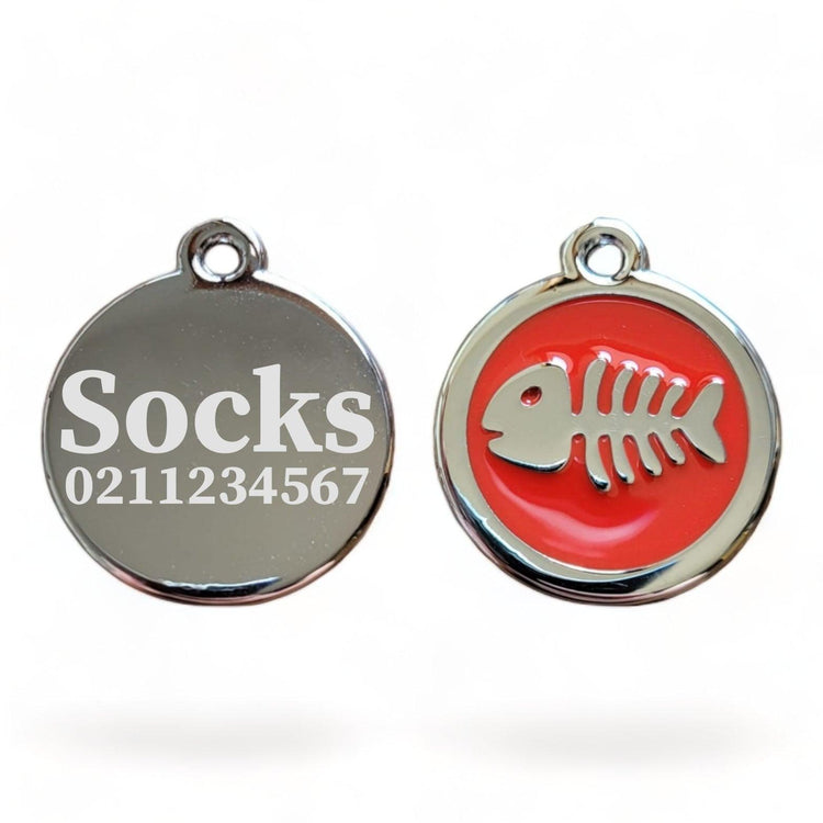 ⭐️Purr. Meow. Woof.⭐️ - Round Fish Cat & Dog ID Pet Tag - FireBrick