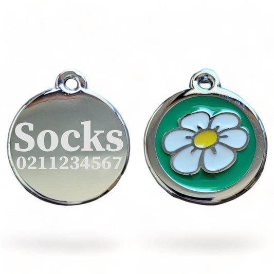⭐️Purr. Meow. Woof.⭐️ - Round Flower Cat & Dog ID Pet Tag - Green