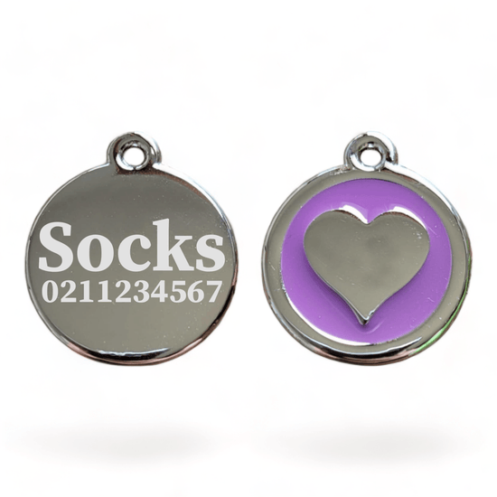 ⭐️Purr. Meow. Woof.⭐️ - Round Heart Cat & Dog ID Pet Tag - Purple