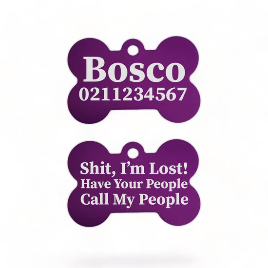 ⭐️Purr. Meow. Woof.⭐️ - Shit I'm Lost! Have Your People Call My People | Bone Aluminium | Dog ID Pet Tag - Purple