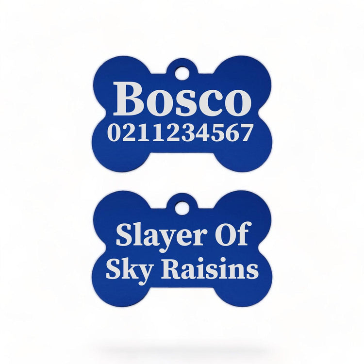 ⭐️Purr. Meow. Woof.⭐️ - Slayer Of Sky Raisins | Bone Aluminium | Dog ID Pet Tag - RoyalBlue