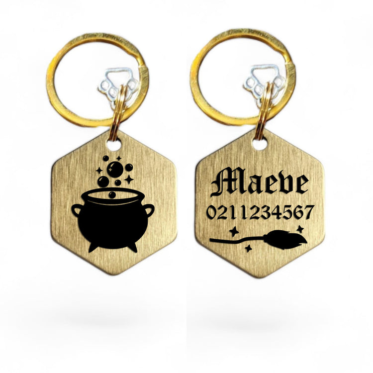 ⭐️Purr. Meow. Woof.⭐️ - Spell Maker | Bespoke Brass | Hexagon Cat & Dog ID Pet Tag - Small