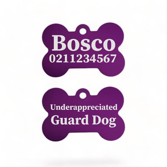 ⭐️Purr. Meow. Woof.⭐️ - Underappreciated Guard Dog | Bone Aluminium | Dog ID Pet Tag - Purple