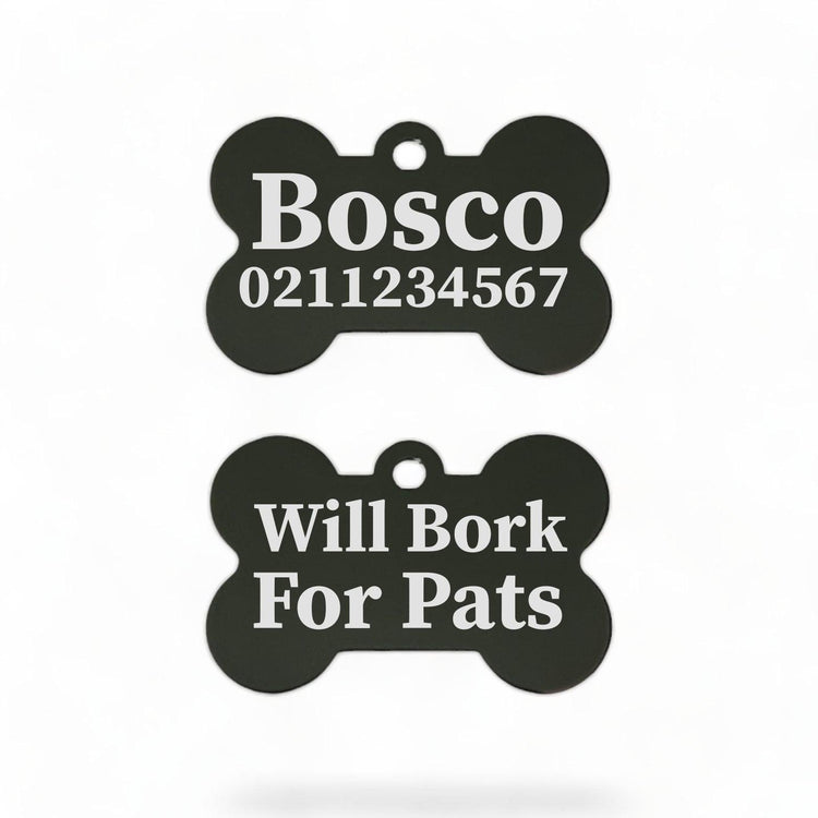⭐️Purr. Meow. Woof.⭐️ - Will Bork For Pats | Bone Aluminium | Dog ID Pet Tag - Black