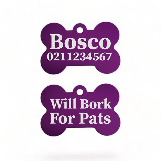 ⭐️Purr. Meow. Woof.⭐️ - Will Bork For Pats | Bone Aluminium | Dog ID Pet Tag - Purple