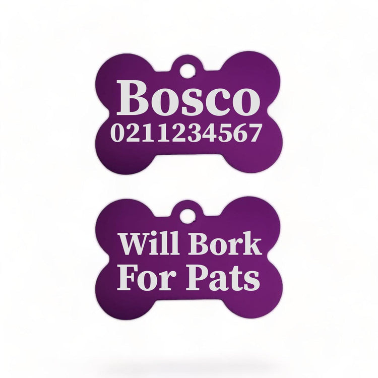 ⭐️Purr. Meow. Woof.⭐️ - Will Bork For Pats | Bone Aluminium | Dog ID Pet Tag - Purple
