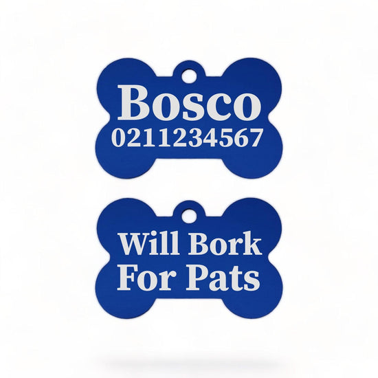 ⭐️Purr. Meow. Woof.⭐️ - Will Bork For Pats | Bone Aluminium | Dog ID Pet Tag - RoyalBlue