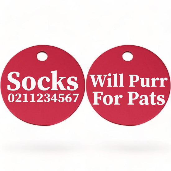 ⭐️Purr. Meow. Woof.⭐️ - Will Purr For Pats | Round Aluminium | Cat & Kitten ID Pet Tag - DeepPink