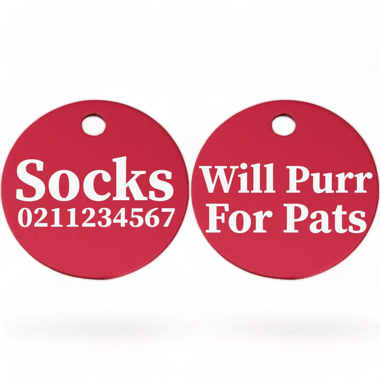 ⭐️Purr. Meow. Woof.⭐️ - Will Purr For Pats | Round Aluminium | Cat & Kitten ID Pet Tag - DeepPink