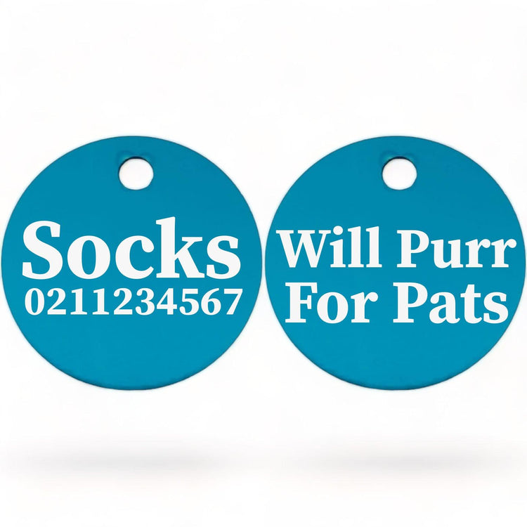 ⭐️Purr. Meow. Woof.⭐️ - Will Purr For Pats | Round Aluminium | Cat & Kitten ID Pet Tag - DodgerBlue