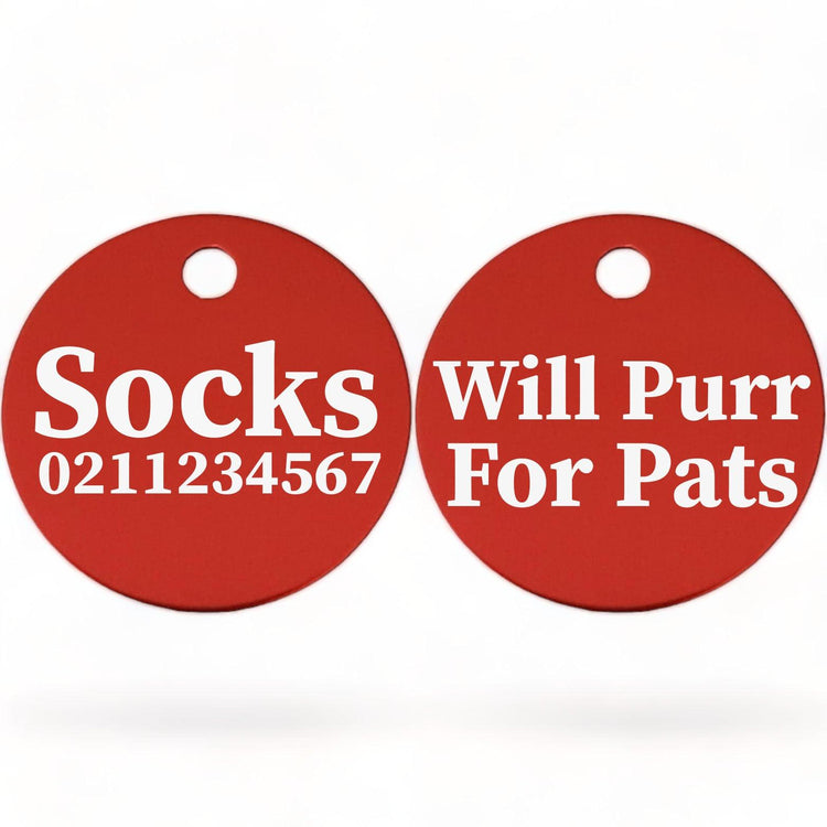 ⭐️Purr. Meow. Woof.⭐️ - Will Purr For Pats | Round Aluminium | Cat & Kitten ID Pet Tag - Firebrick
