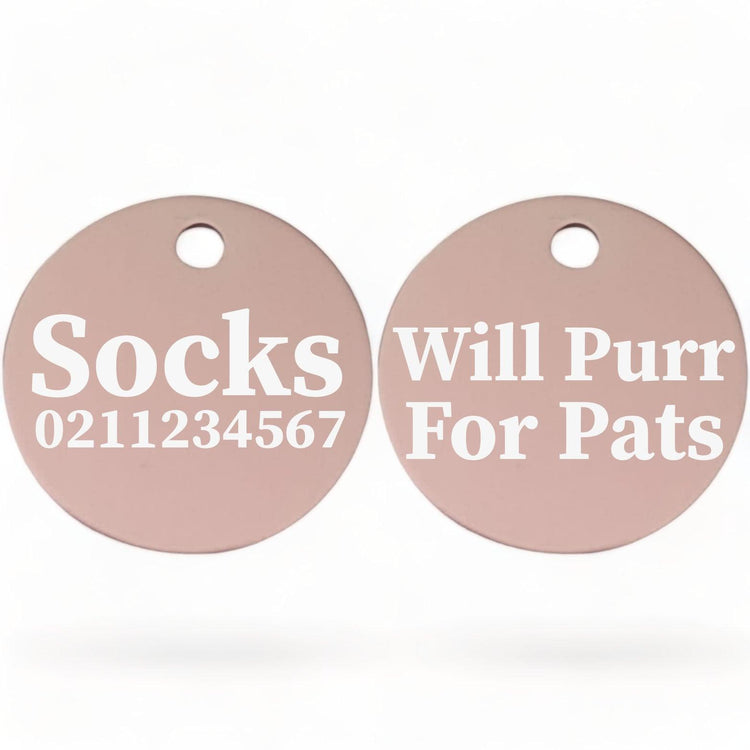 ⭐️Purr. Meow. Woof.⭐️ - Will Purr For Pats | Round Aluminium | Cat & Kitten ID Pet Tag - LightPink