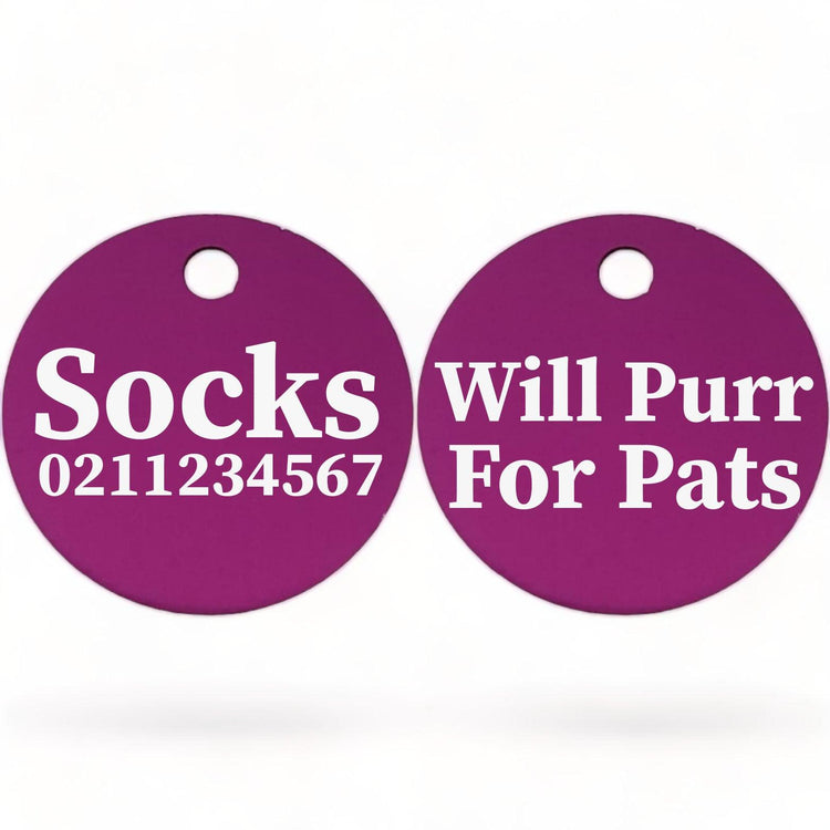 ⭐️Purr. Meow. Woof.⭐️ - Will Purr For Pats | Round Aluminium | Cat & Kitten ID Pet Tag - Purple
