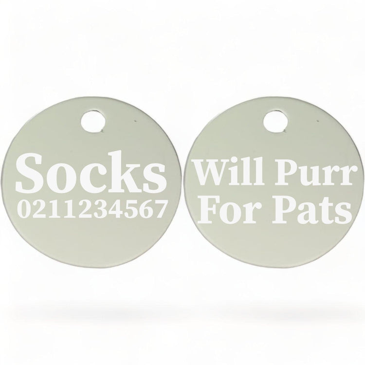 ⭐️Purr. Meow. Woof.⭐️ - Will Purr For Pats | Round Aluminium | Cat & Kitten ID Pet Tag - Silver