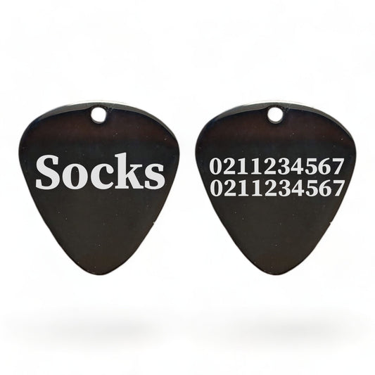 Name Front & 2 Numbers Back Guitar Pick | Mirror Stainless | Dog & Cat ID Pet Tag